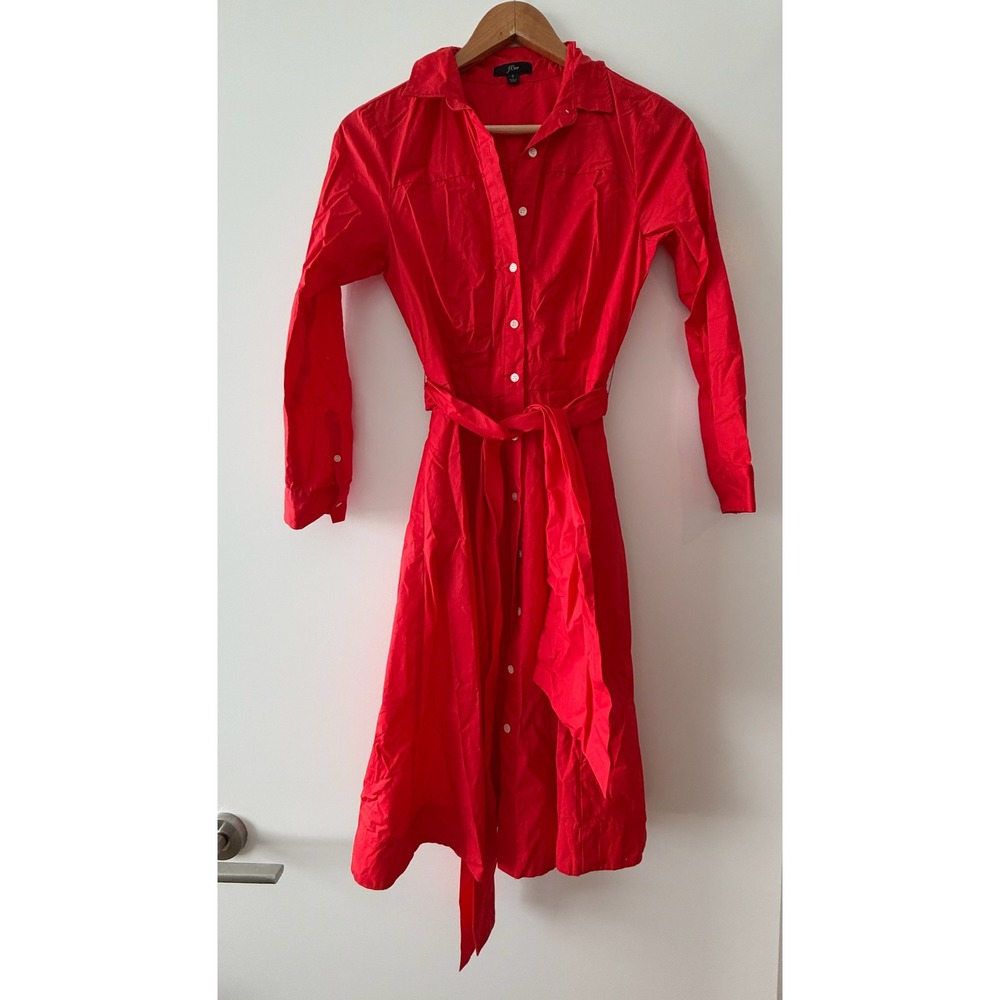 J.Crew Womens Red Long Sleeve Belted Button Down Midi Shirt Dress Size 2